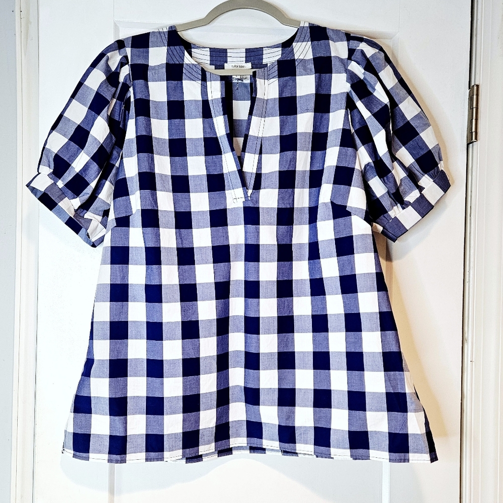 Tyler Boe Blue White Gingham Puff Sleeve Tunic Top Preppy Coastal